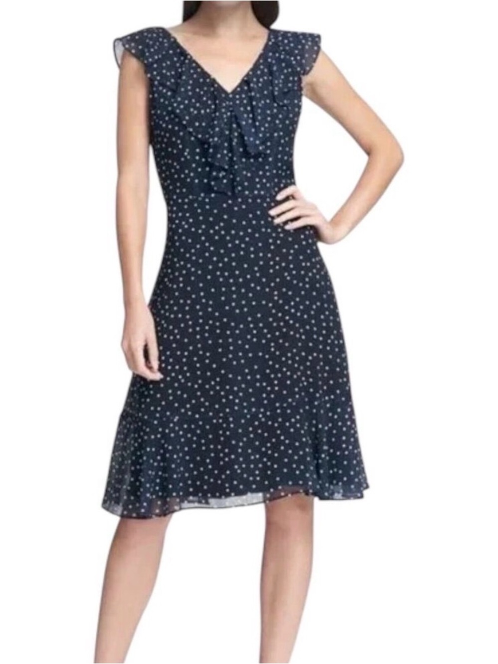 DKNY NWT 50% off! Navy With White Polka Dot Ruffle V-Neck Dress Size 16